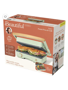 NEW Beautiful Kitchenware 2-in-1 Panini Press & Grill, One Size, Green/Gold